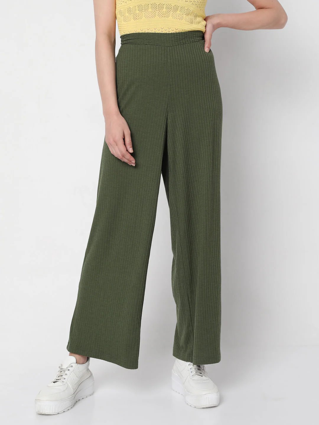 Green Ribbed Wide Leg Pants - Image 2