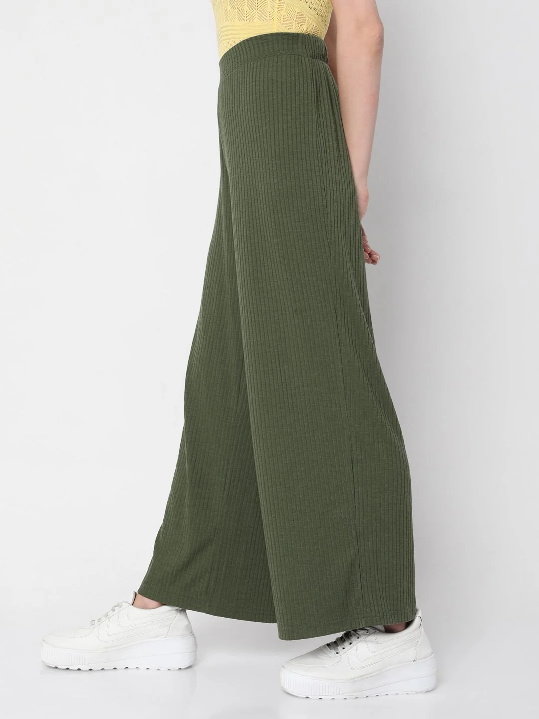 Green Ribbed Wide Leg Pants - Image 3