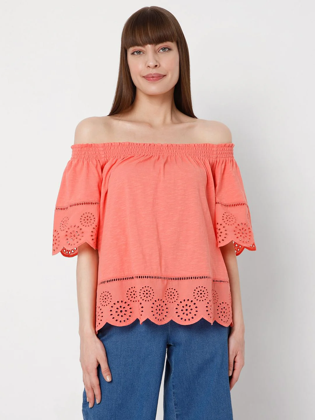Coral Off Shoulder Schiffli Top - Image 2