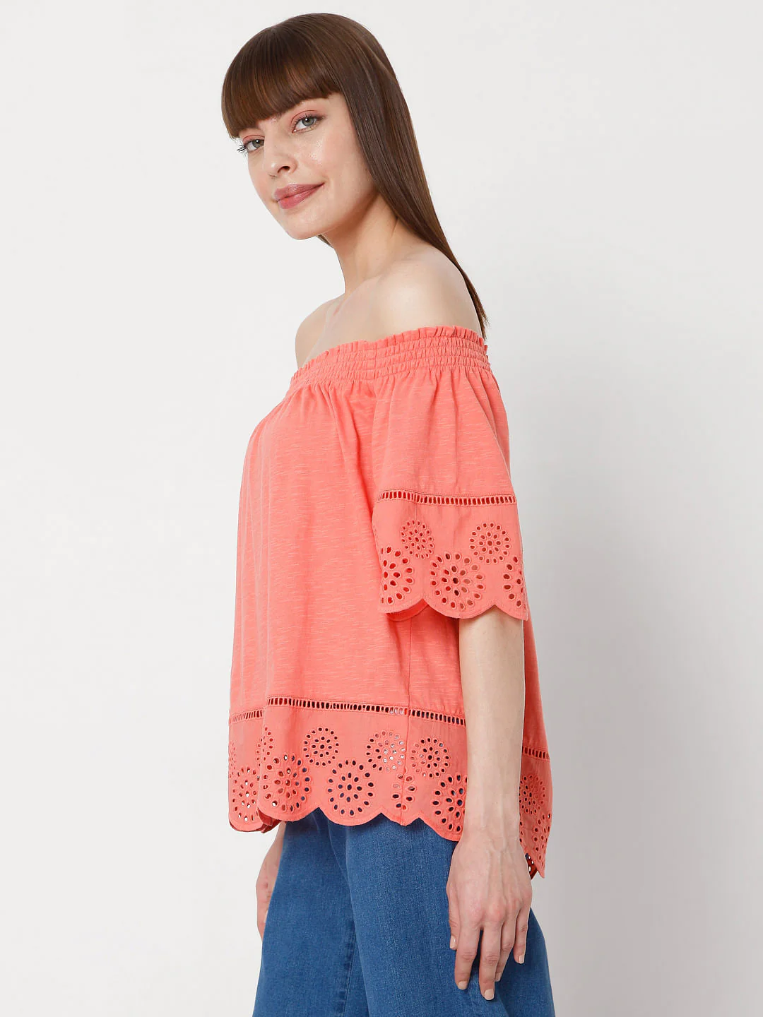 Coral Off Shoulder Schiffli Top - Image 3