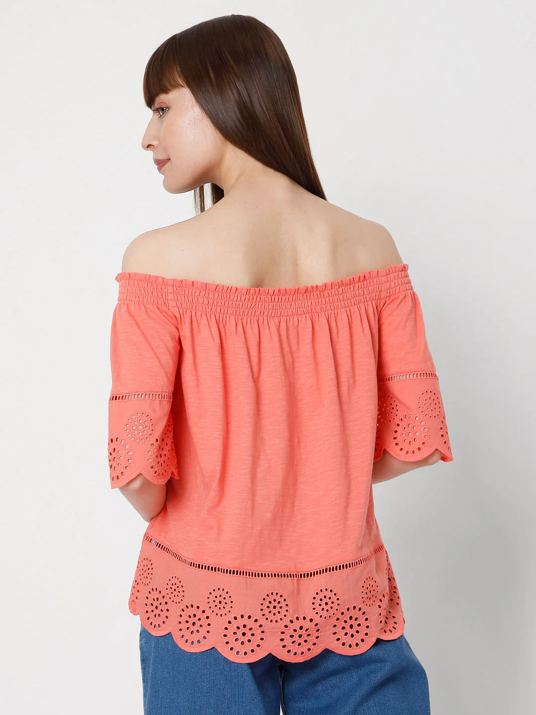 Coral Off Shoulder Schiffli Top - Image 4