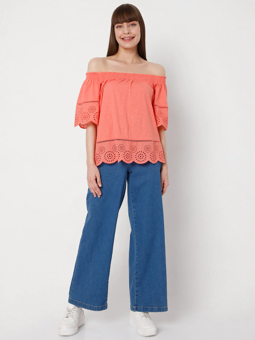 Coral Off Shoulder Schiffli Top - Image 5