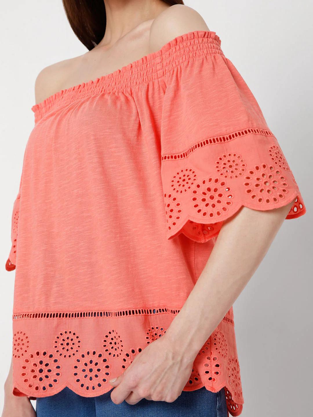 Coral Off Shoulder Schiffli Top - Image 6