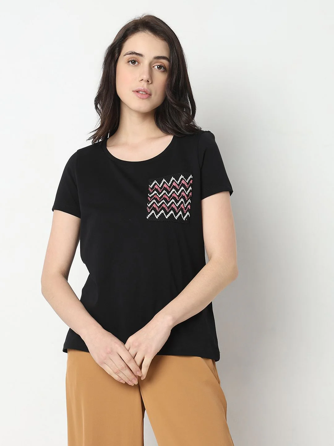 Black Embroidered Pocket T-Shirt - Image 2
