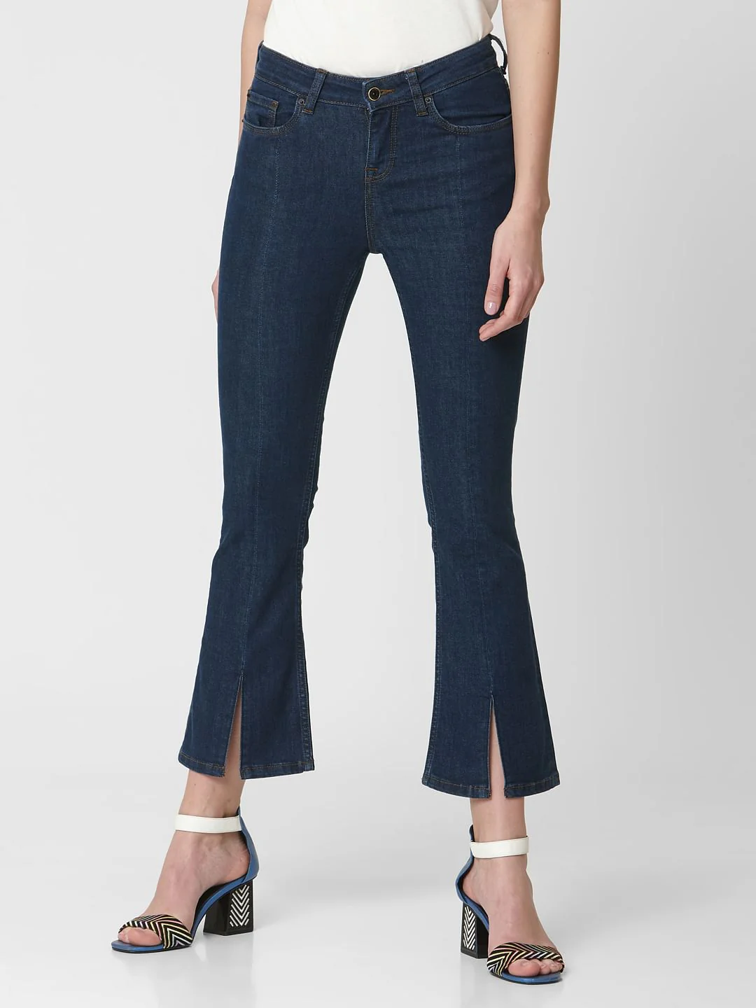 Blue Mid Rise Slit Hem Flared Jeans - Image 2
