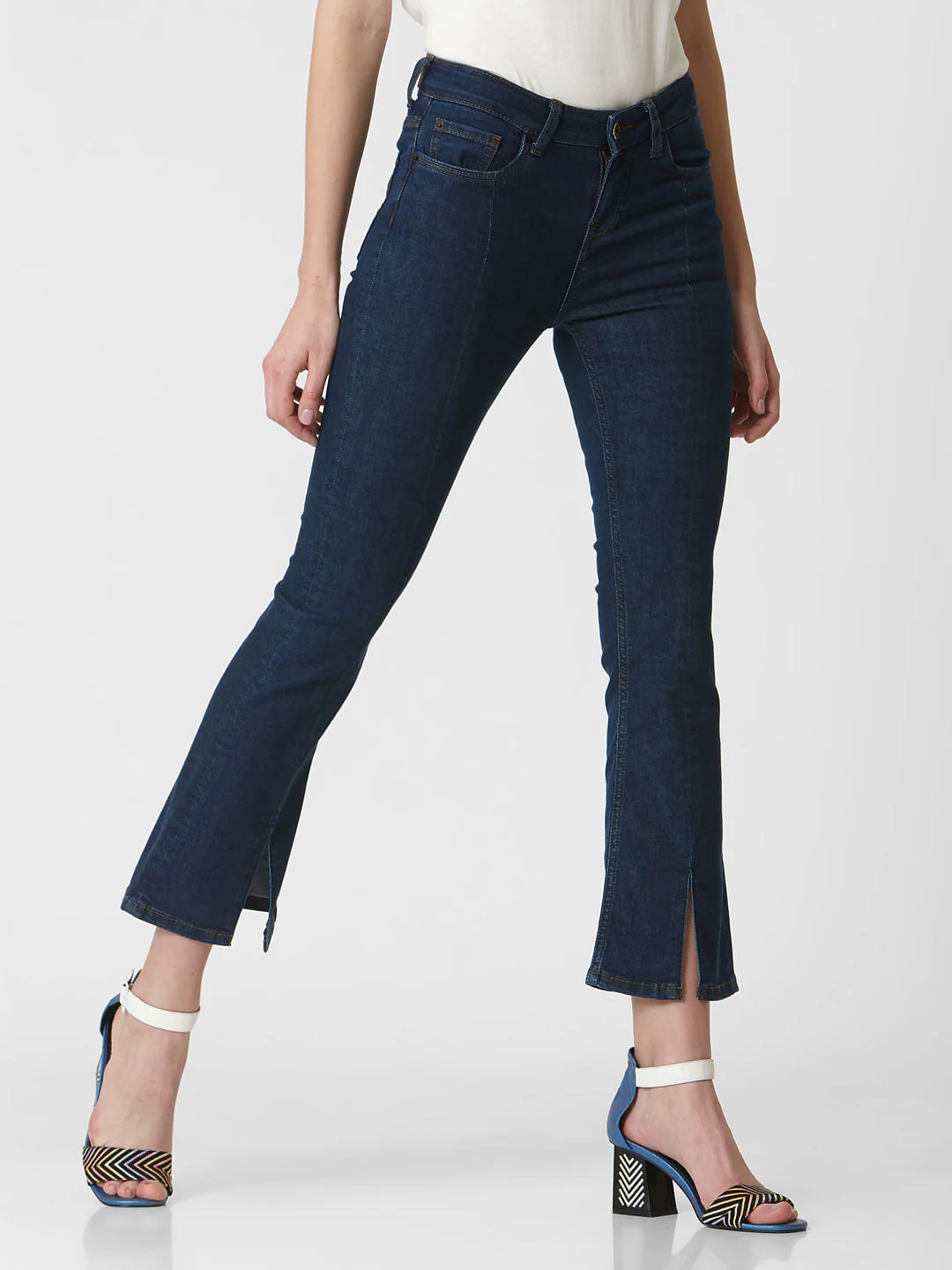 Blue Mid Rise Slit Hem Flared Jeans - Image 3