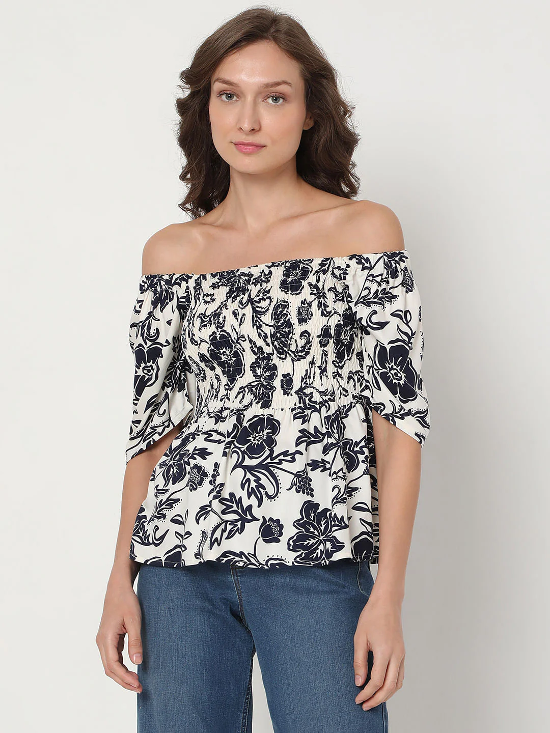 Beige Floral Print Off-Shoulder Top - Image 2