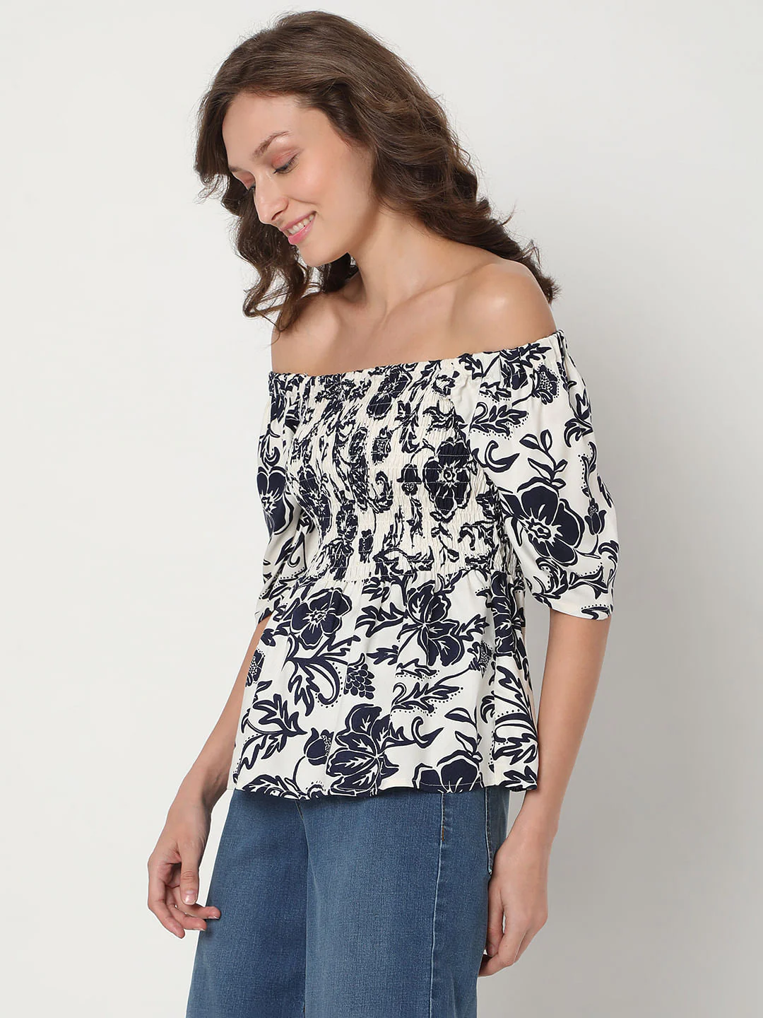 Beige Floral Print Off-Shoulder Top - Image 3