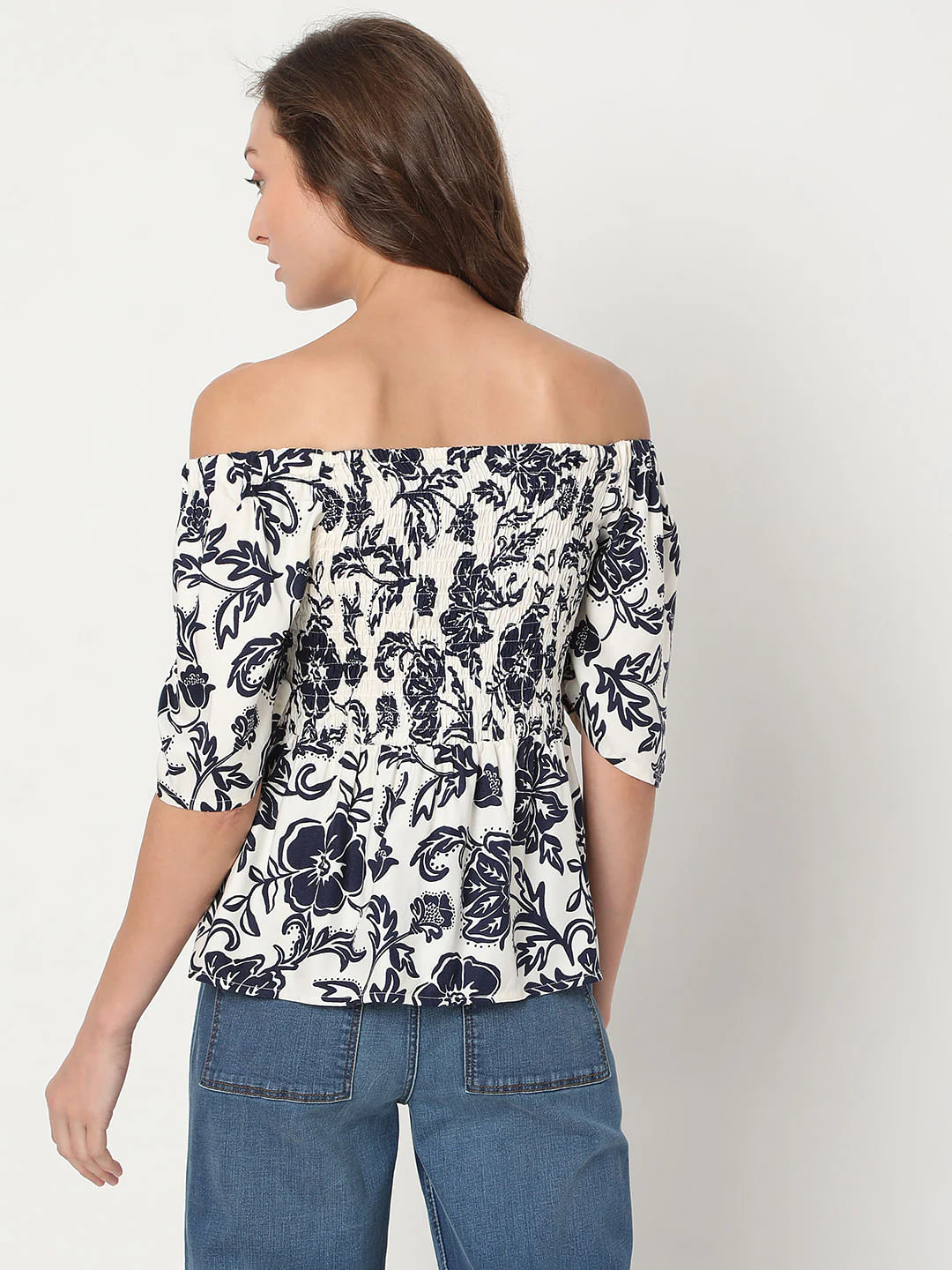 Beige Floral Print Off-Shoulder Top - Image 4