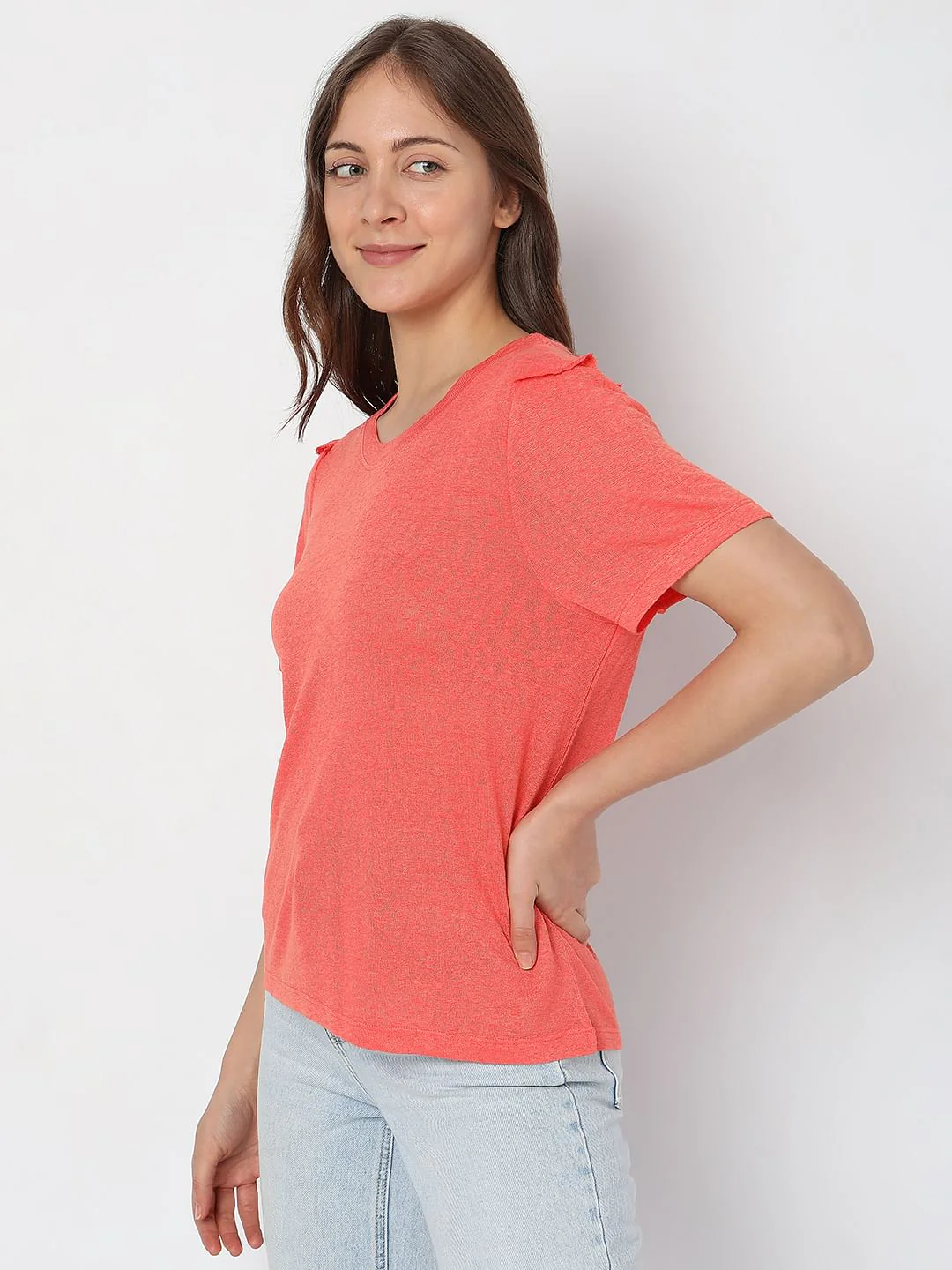 Coral Ruffle Detail T-Shirt - Image 3