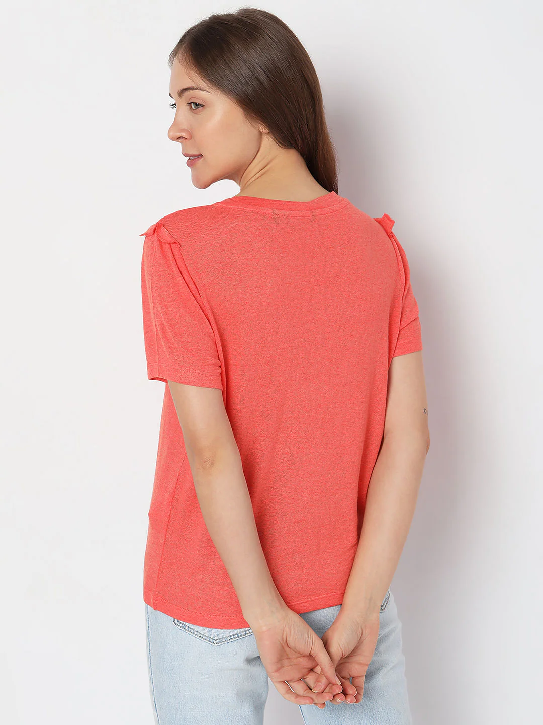 Coral Ruffle Detail T-Shirt - Image 4