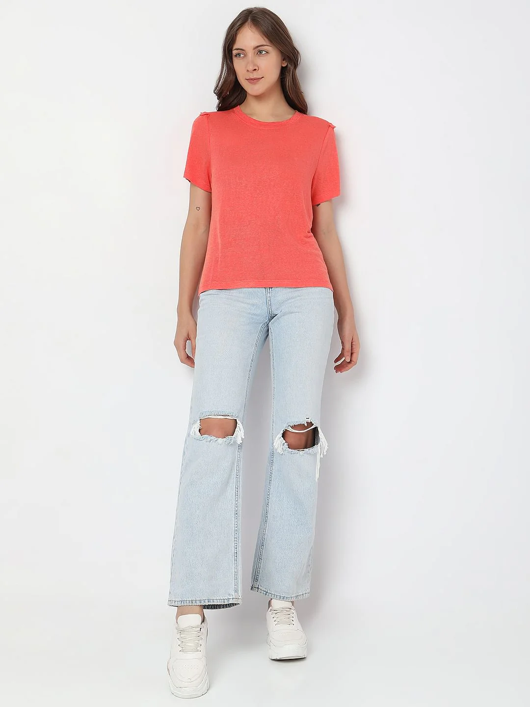 Coral Ruffle Detail T-Shirt - Image 5