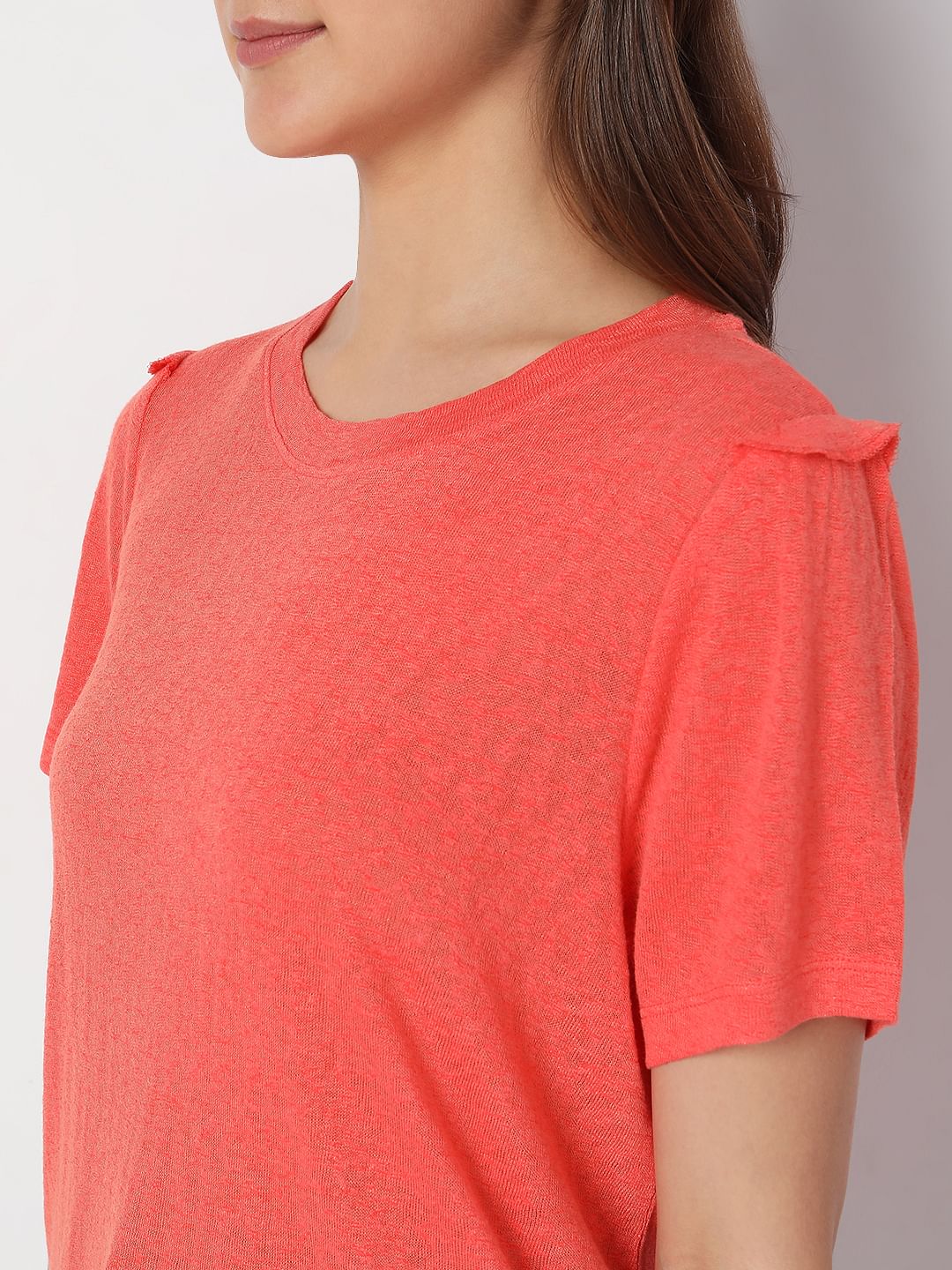Coral Ruffle Detail T-Shirt - Image 6