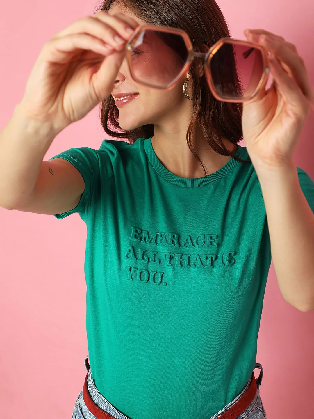 Green Text Embossed T-Shirt