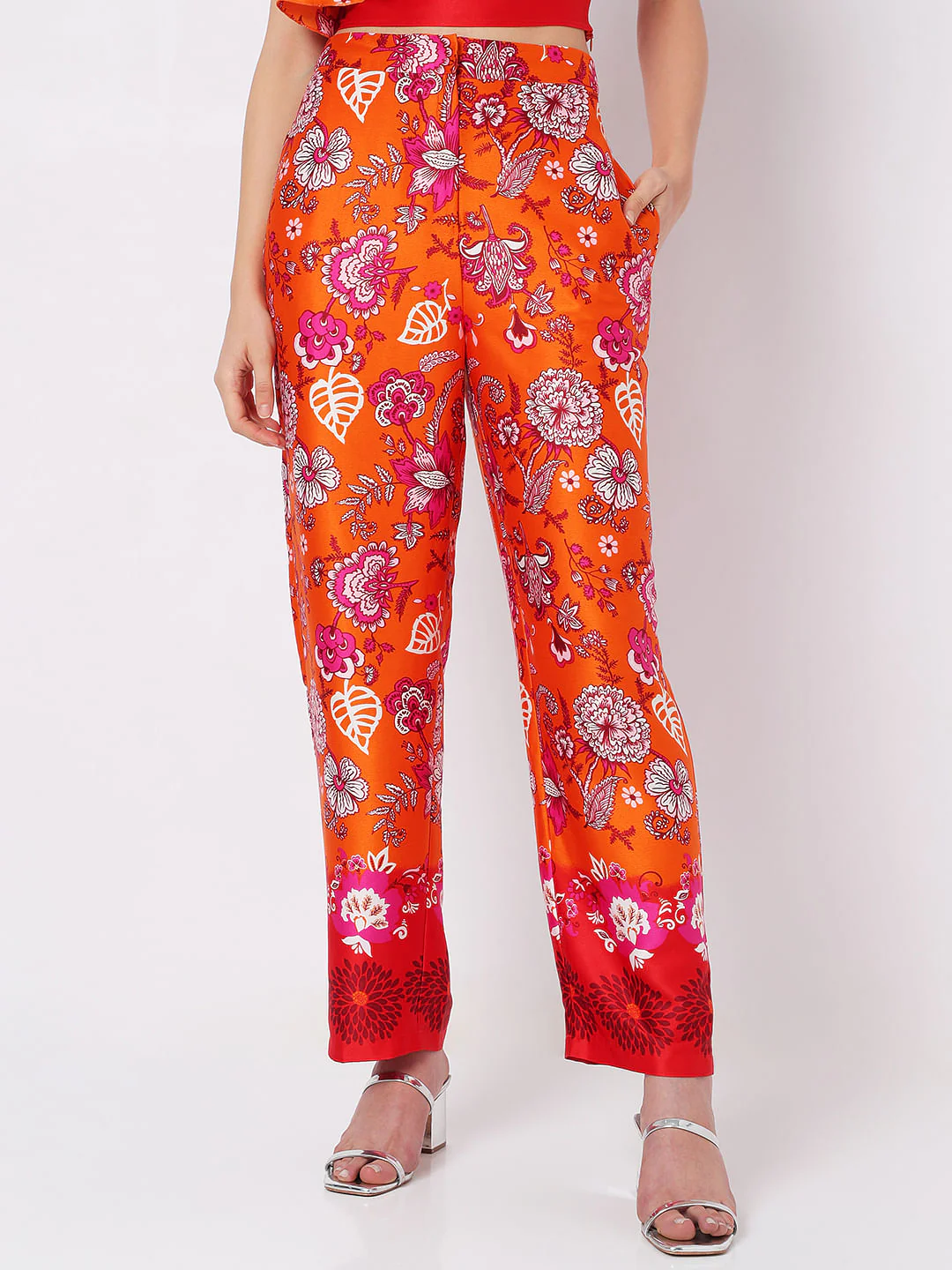 Orange High Rise Floral Co-Ord Pants - Image 2
