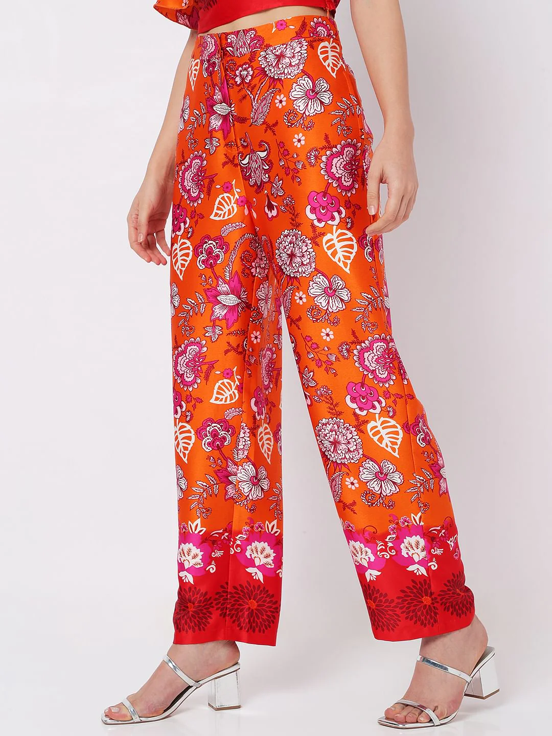 Orange High Rise Floral Co-Ord Pants - Image 3