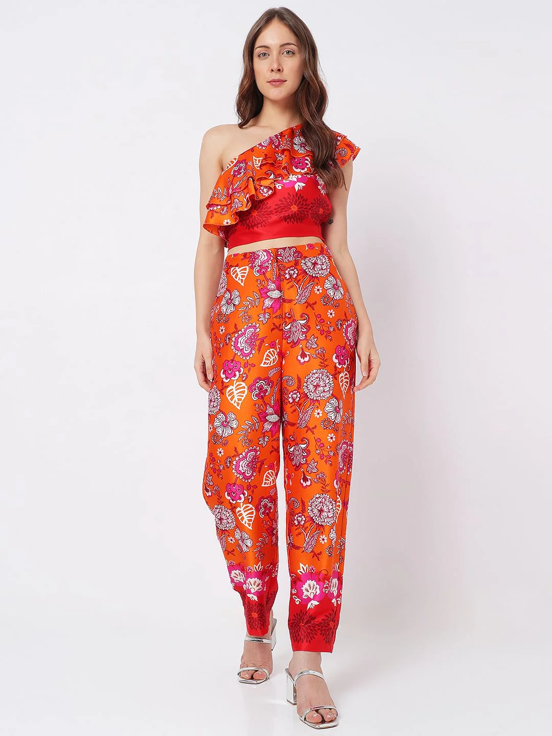 Orange High Rise Floral Co-Ord Pants - Image 6