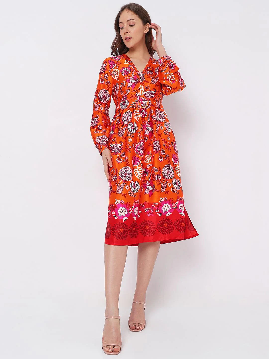 Orange Floral Satin Midi Dress - Image 2