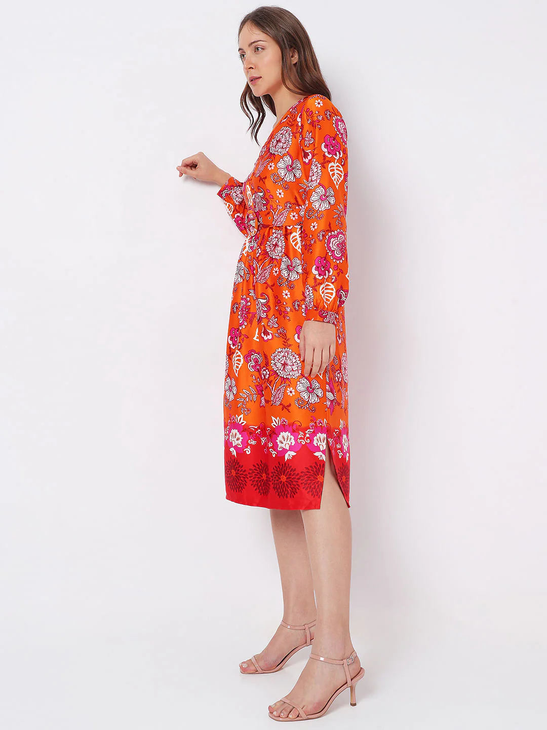Orange Floral Satin Midi Dress - Image 3