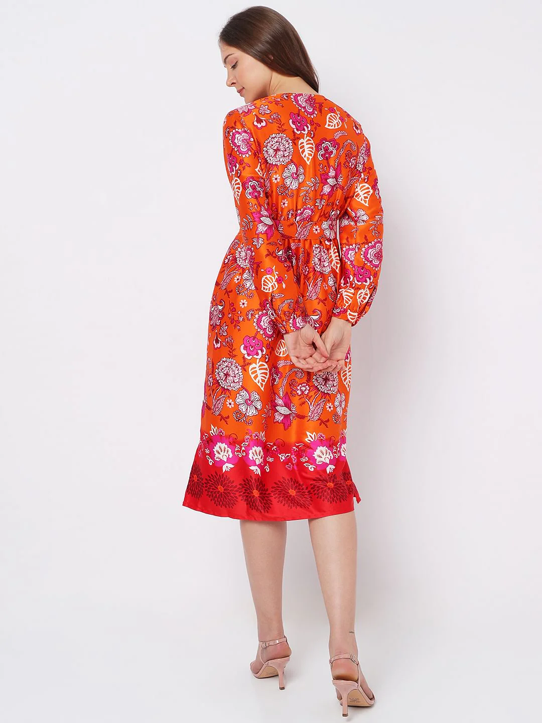 Orange Floral Satin Midi Dress - Image 4