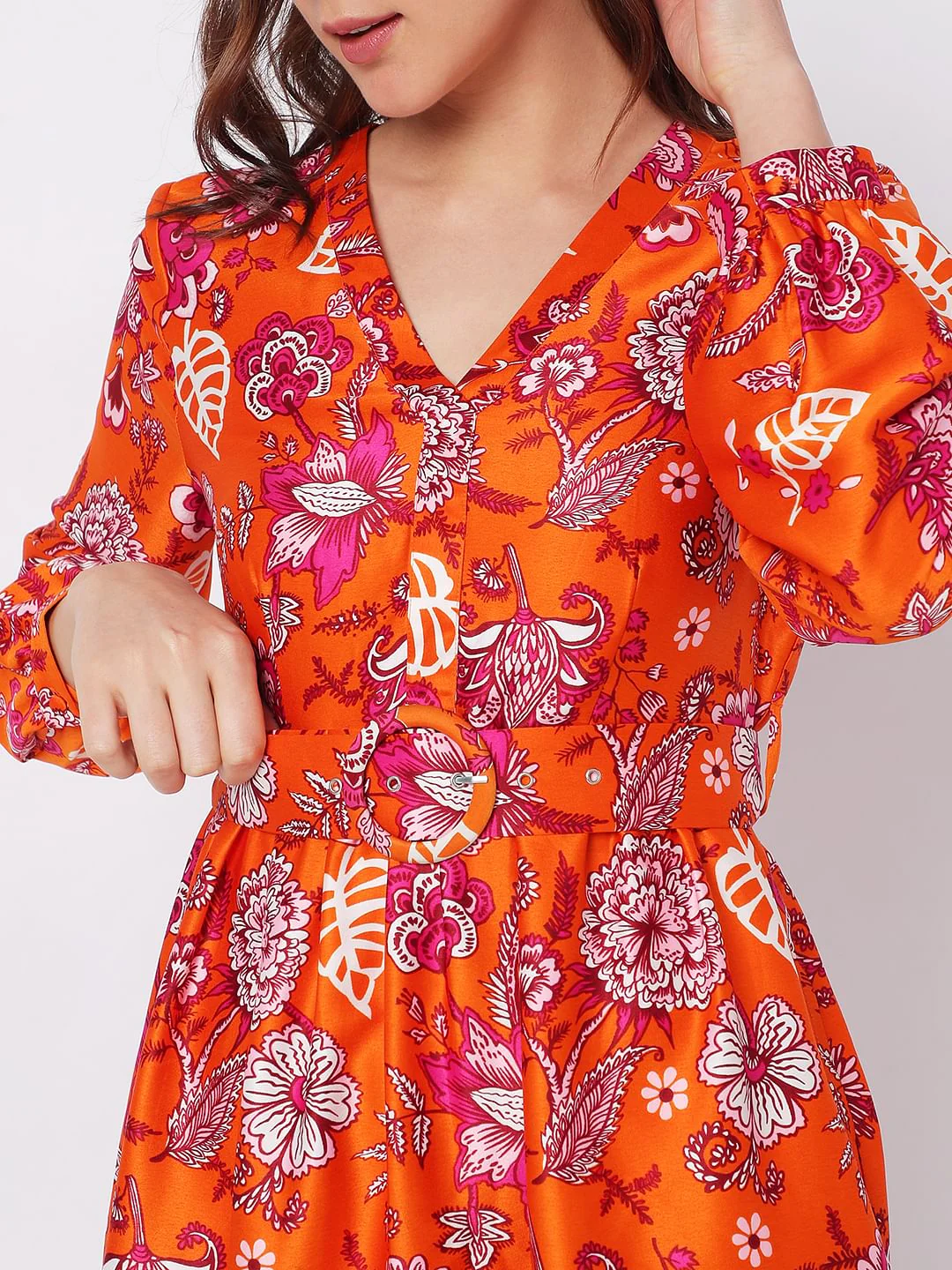 Orange Floral Satin Midi Dress - Image 5