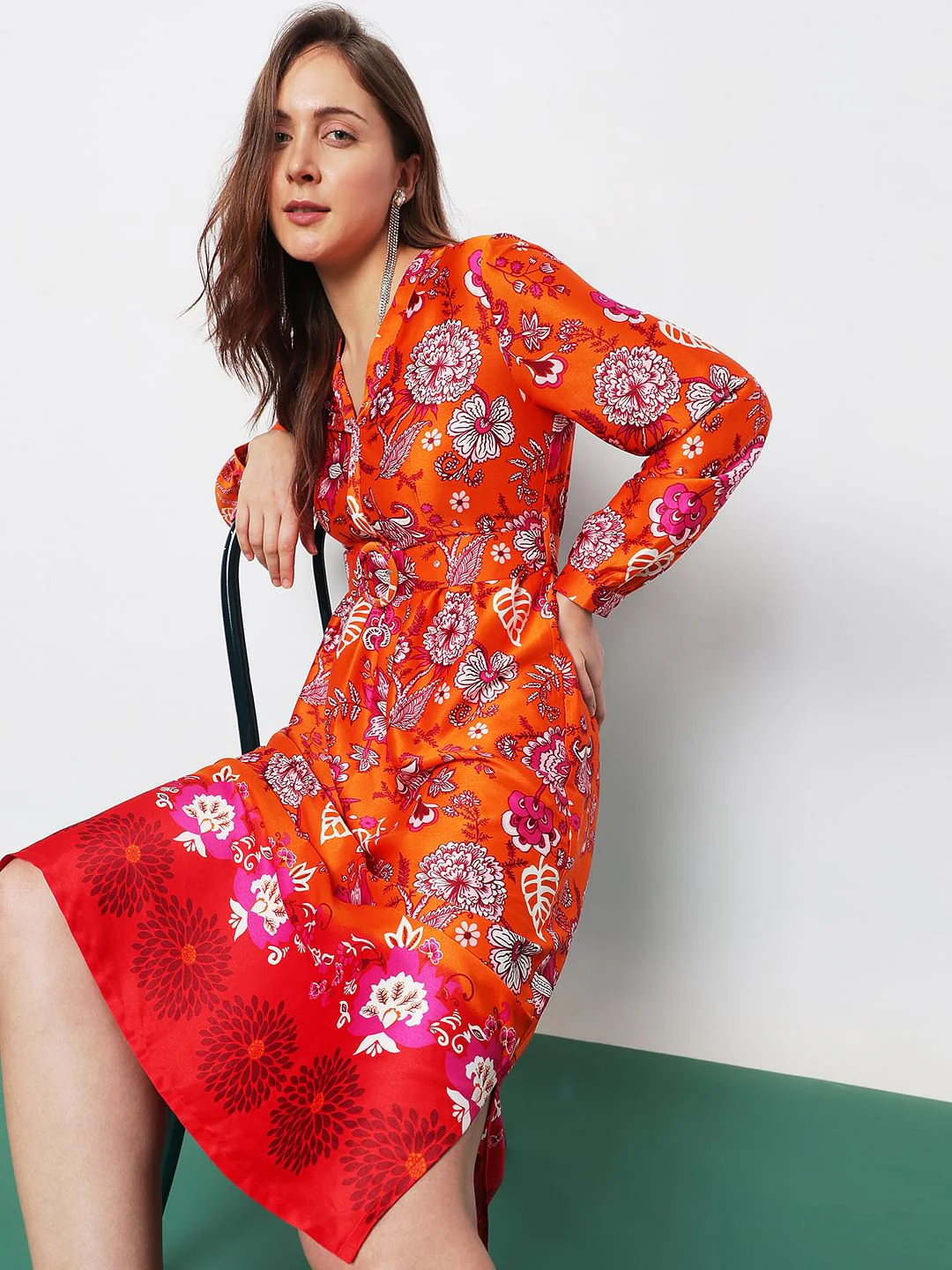 Orange Floral Satin Midi Dress - Image 7