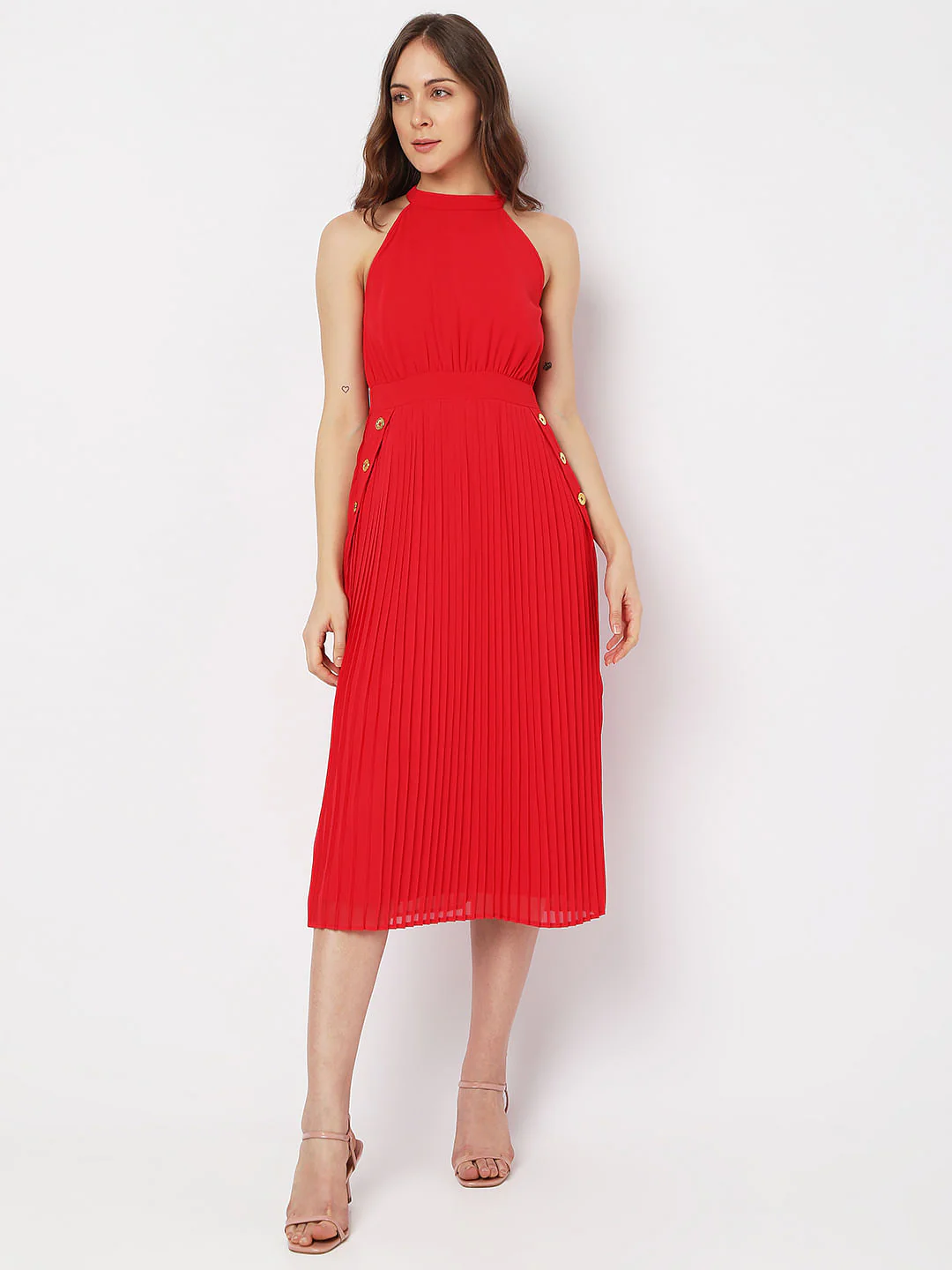 Red Halter Neck Pleated Midi Dress - Image 2