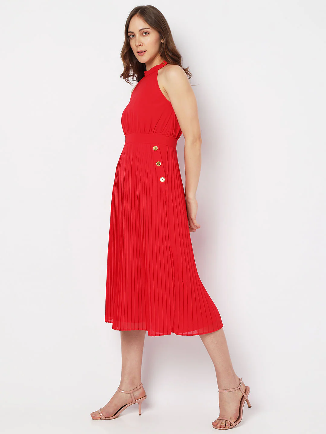 Red Halter Neck Pleated Midi Dress - Image 3