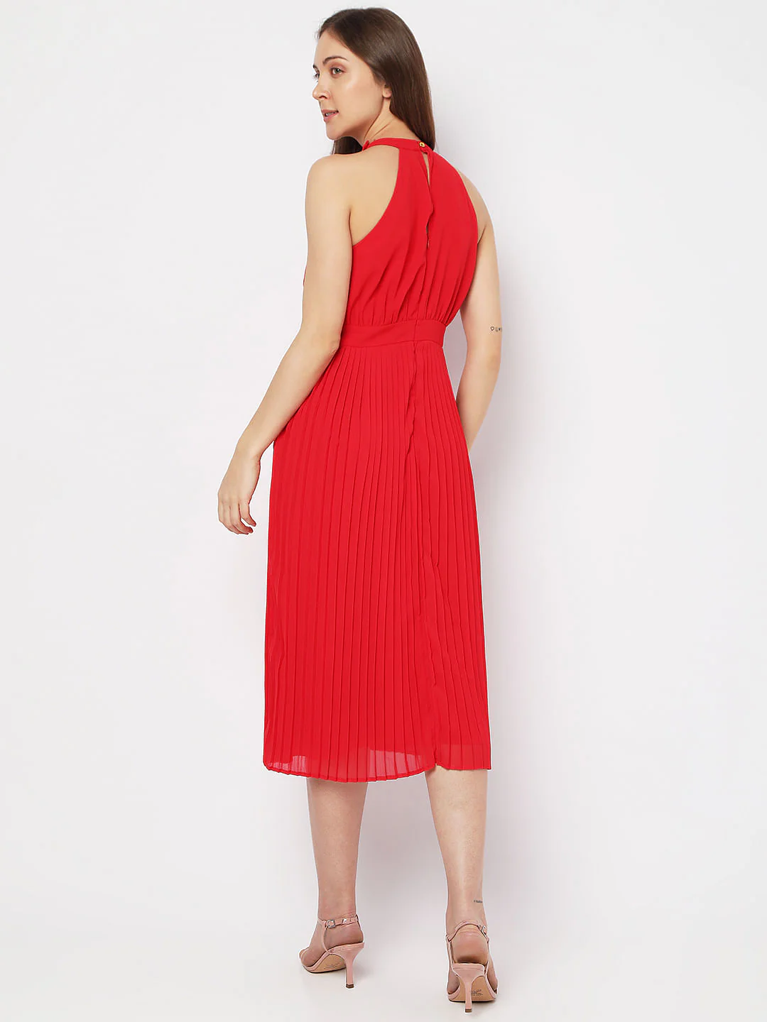 Red Halter Neck Pleated Midi Dress - Image 4