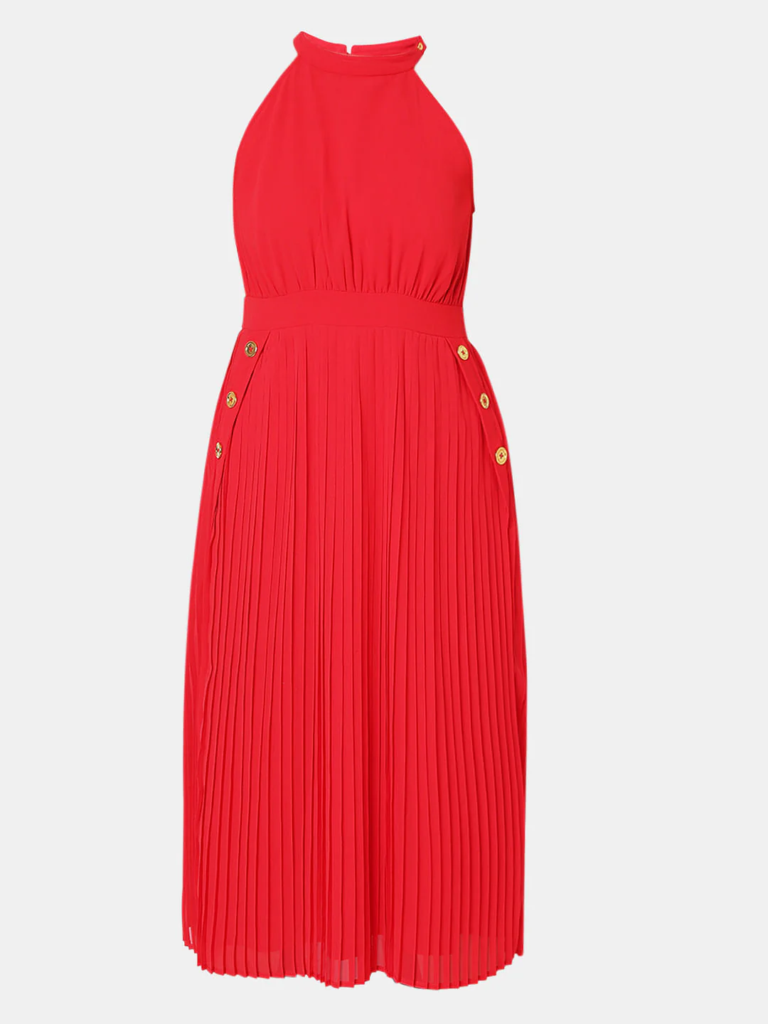 Red Halter Neck Pleated Midi Dress - Image 6