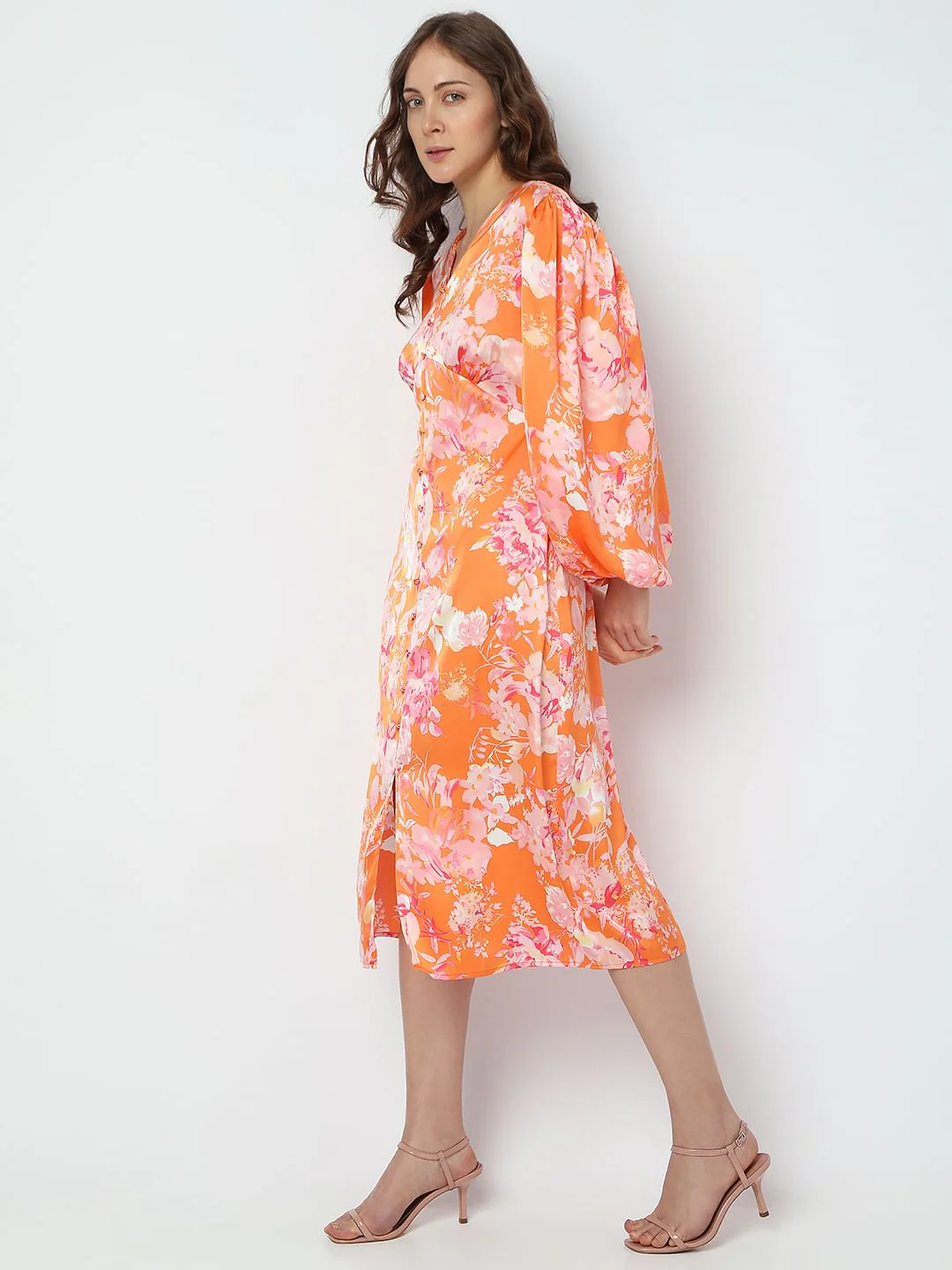 Orange Floral Midi Dress - Image 3