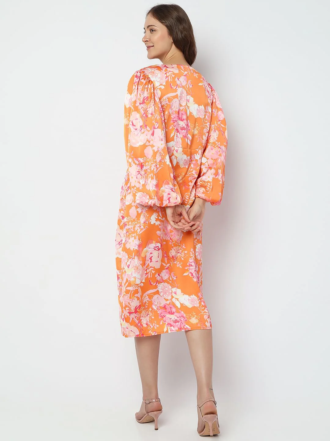 Orange Floral Midi Dress - Image 4