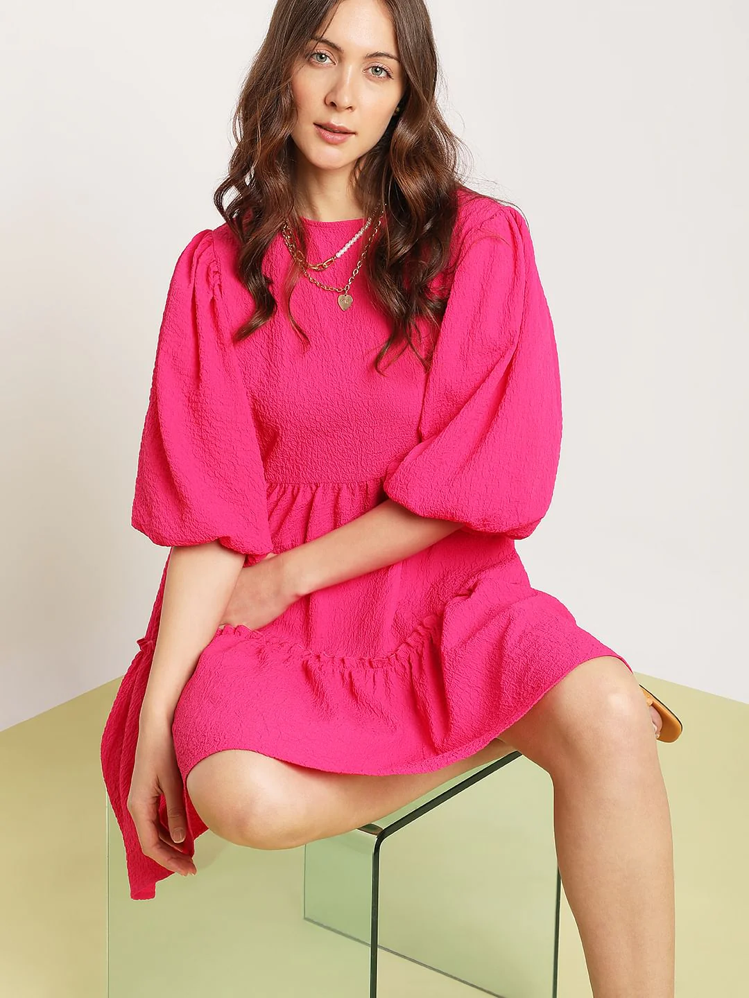 Pink Textured Tiered Dress