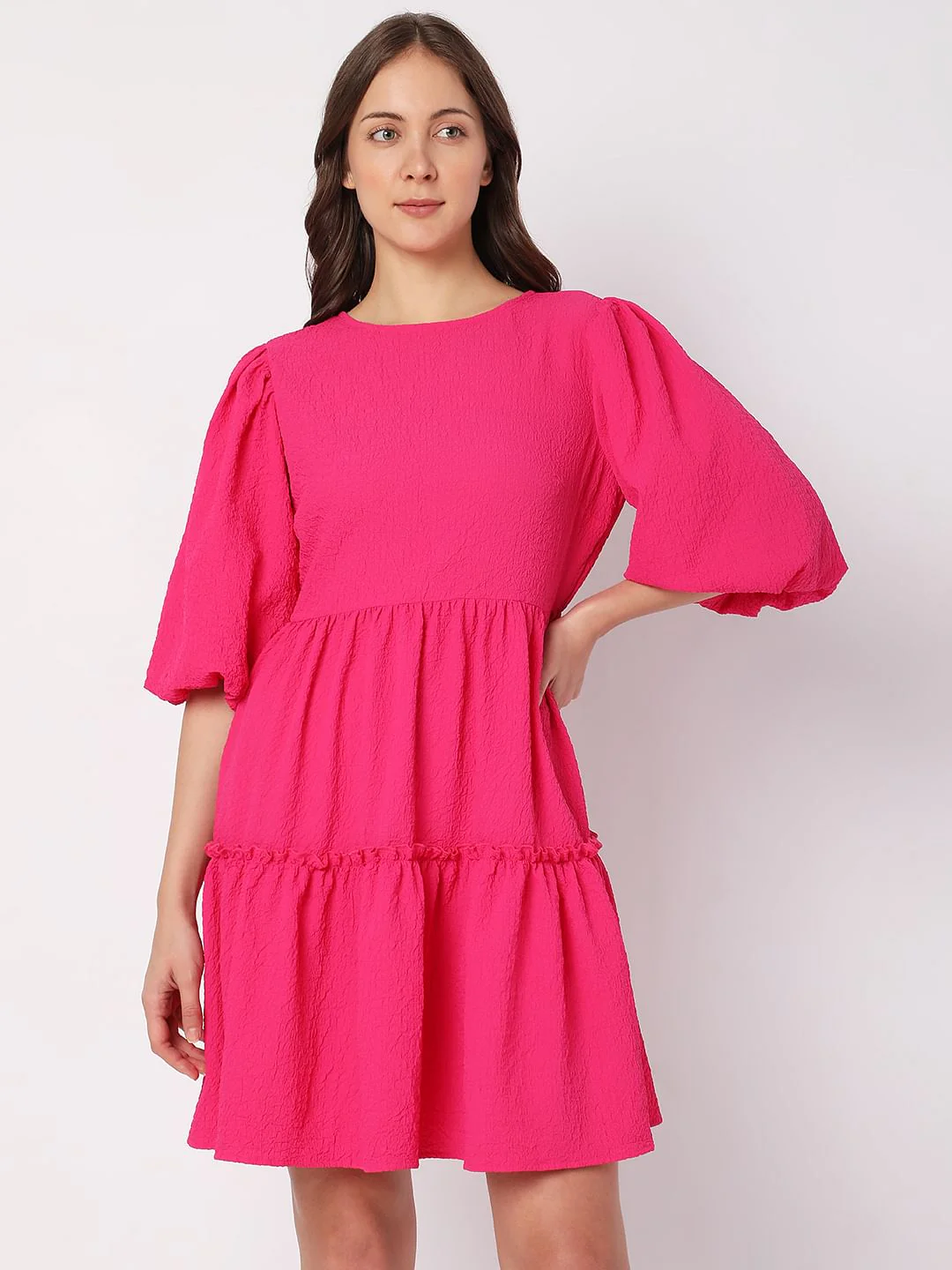 Pink Textured Tiered Dress - Image 2
