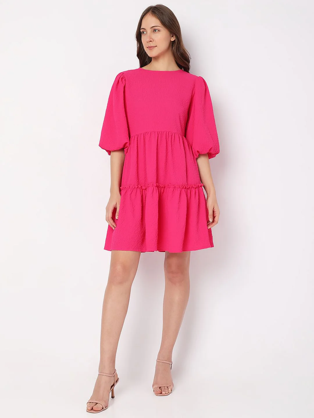 Pink Textured Tiered Dress - Image 5