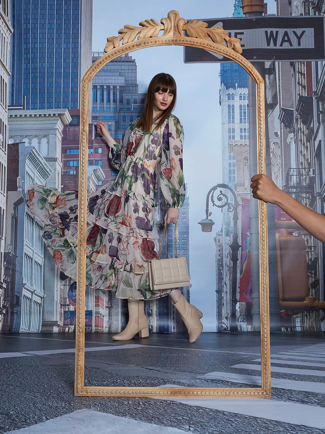 Marquee Beige Floral Print Midi Dress