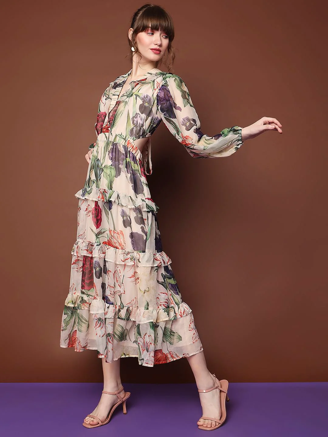 Marquee Beige Floral Print Midi Dress - Image 3