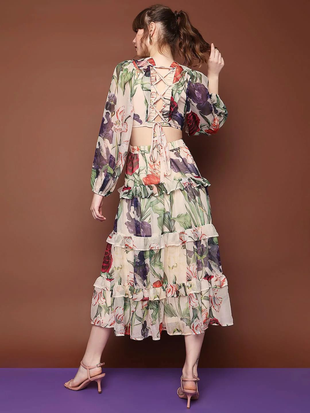 Marquee Beige Floral Print Midi Dress - Image 4