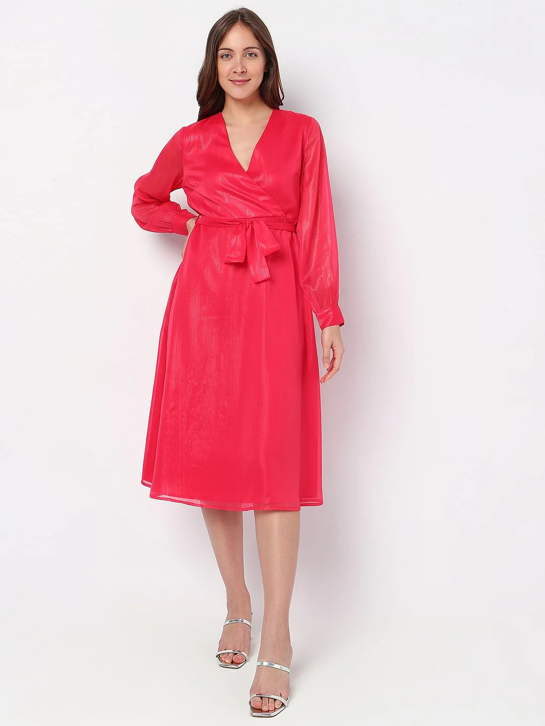 Berry Pink V-Neck Midi Dress - Image 2