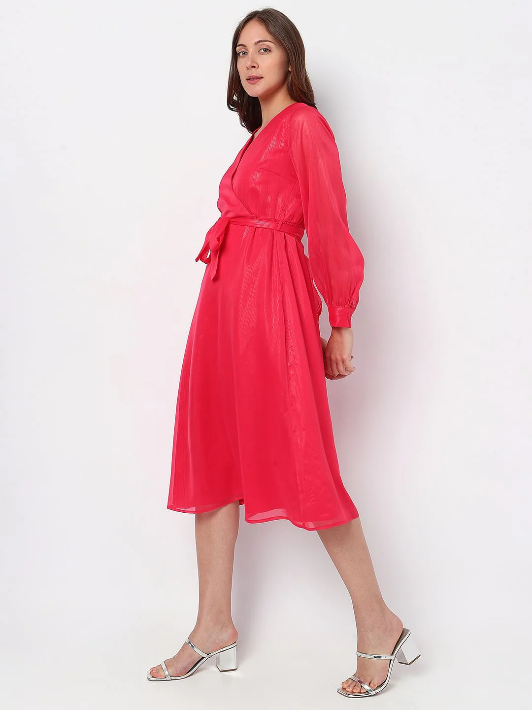 Berry Pink V-Neck Midi Dress - Image 3