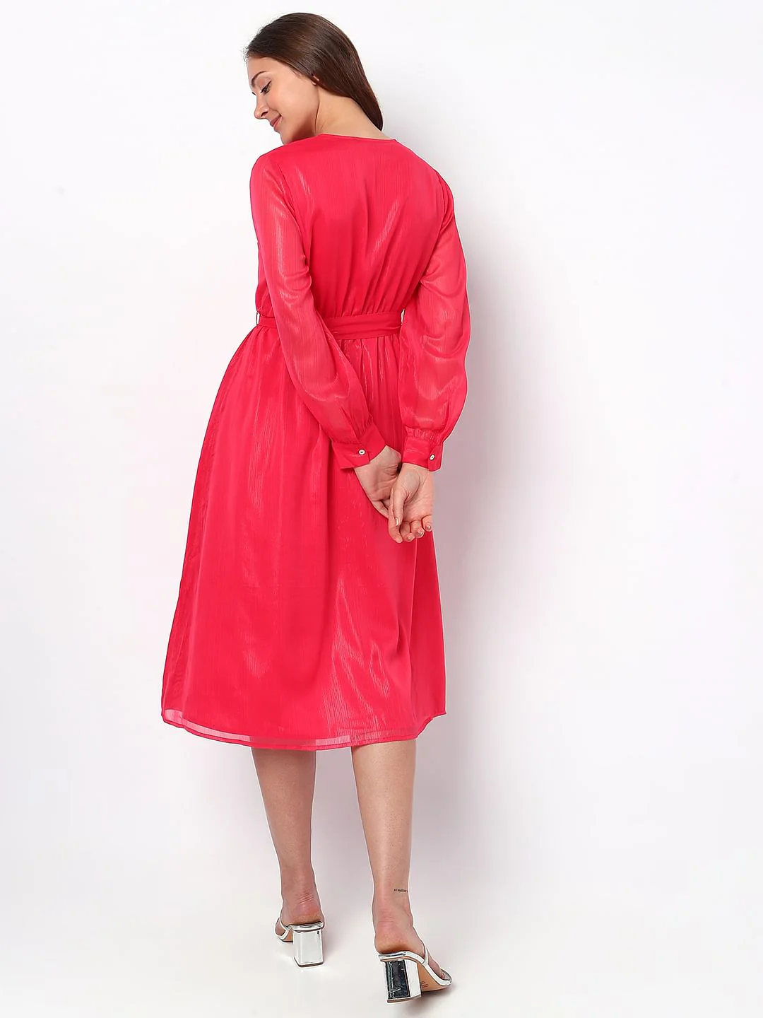 Berry Pink V-Neck Midi Dress - Image 4