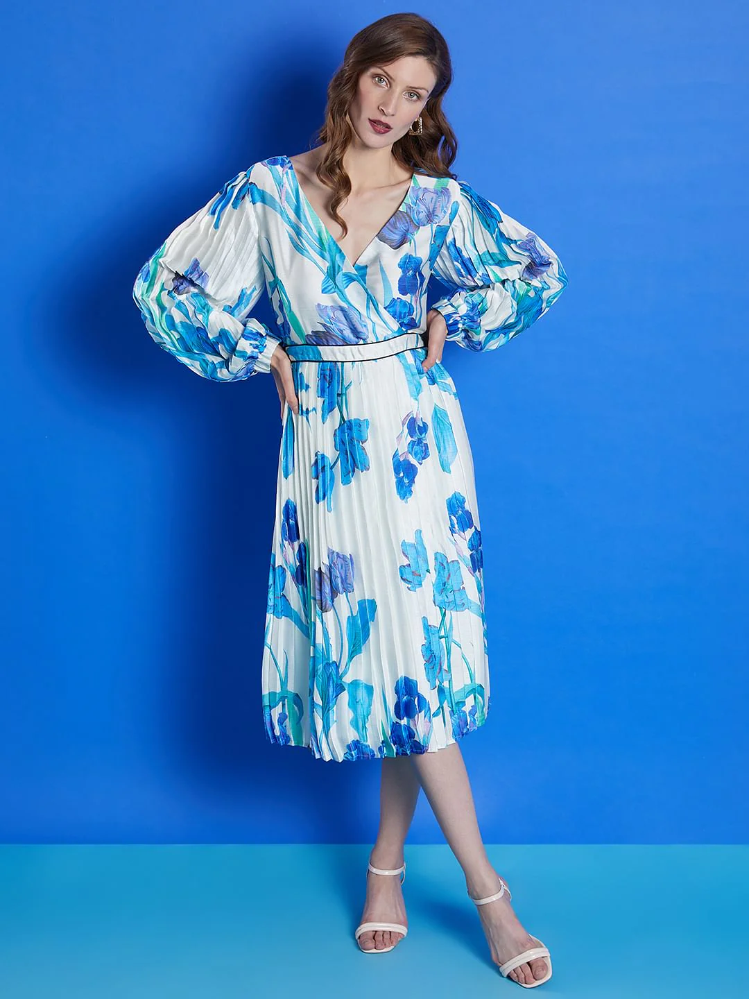 Marquee White Pleated Floral Midi Dress - Image 2