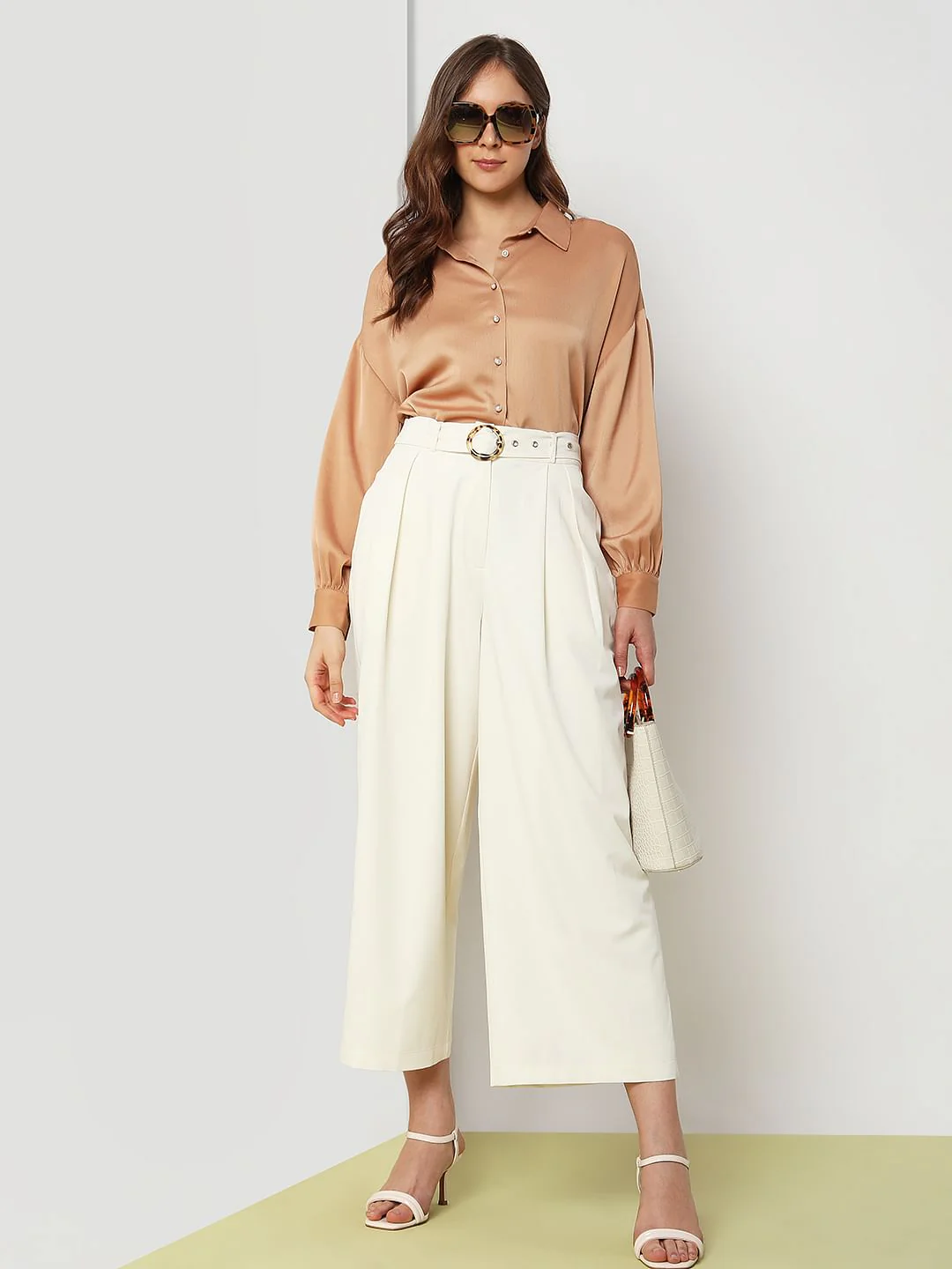 Beige High Rise Wide Leg Pants