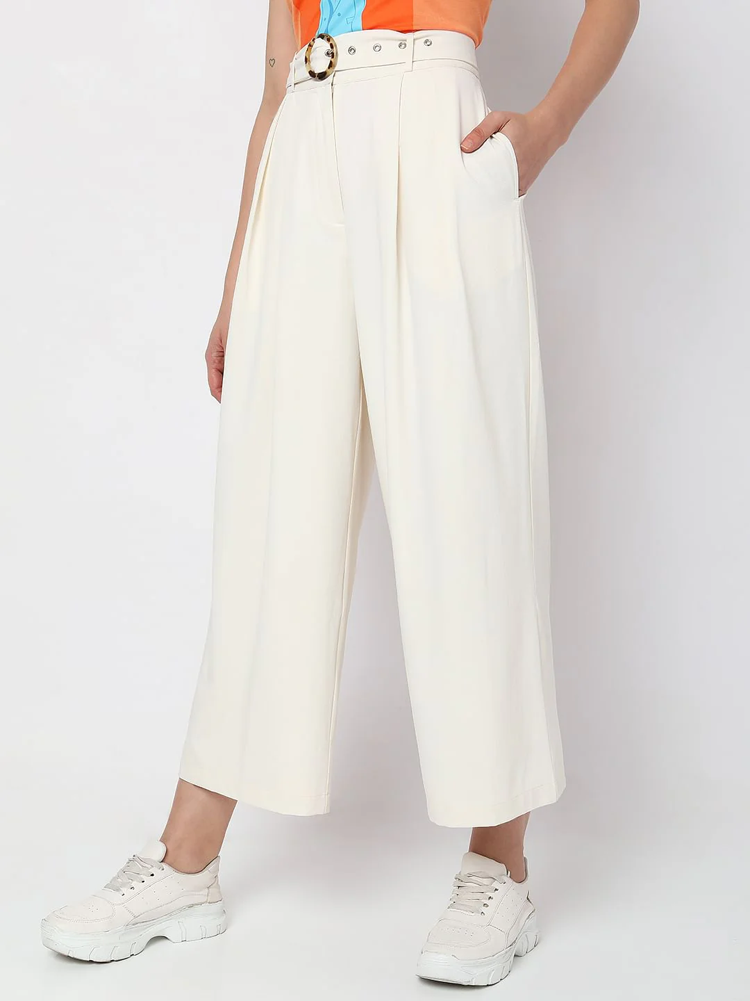 Beige High Rise Wide Leg Pants - Image 3