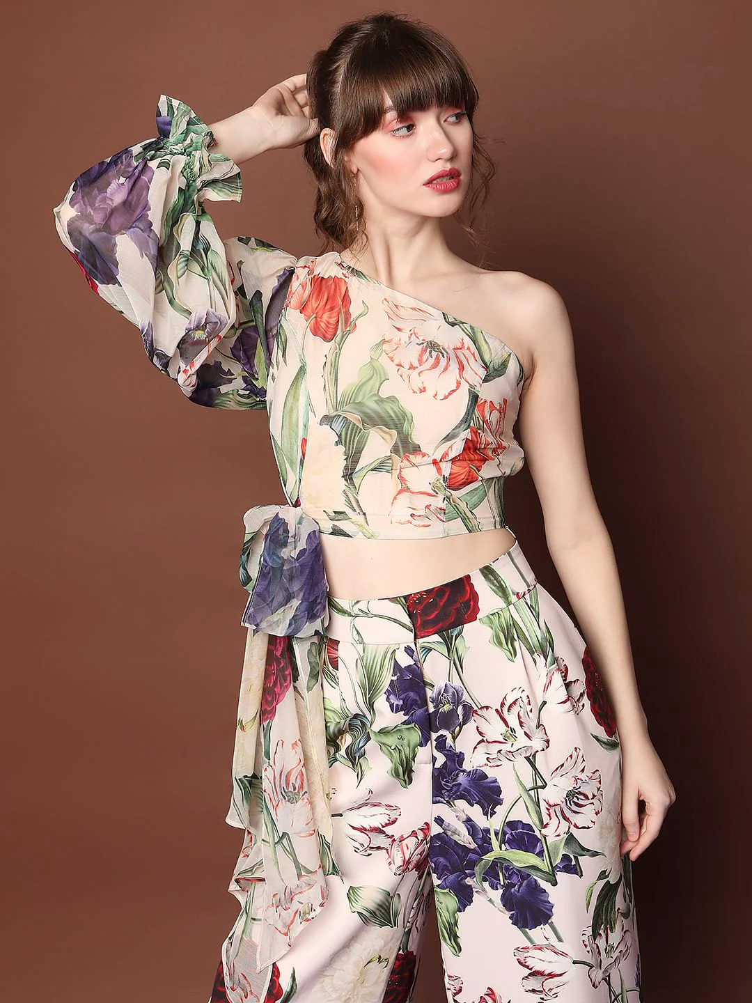 Marquee Beige Floral One-Shoulder Top - Image 2
