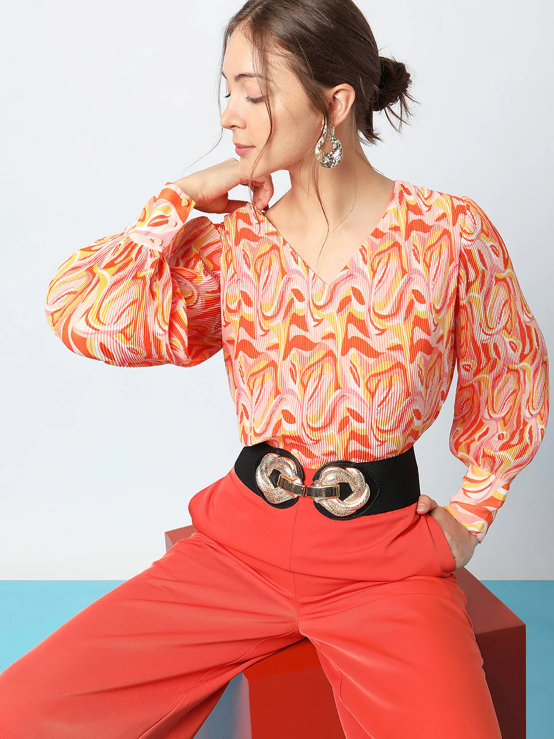 Orange Printed Pleated Top