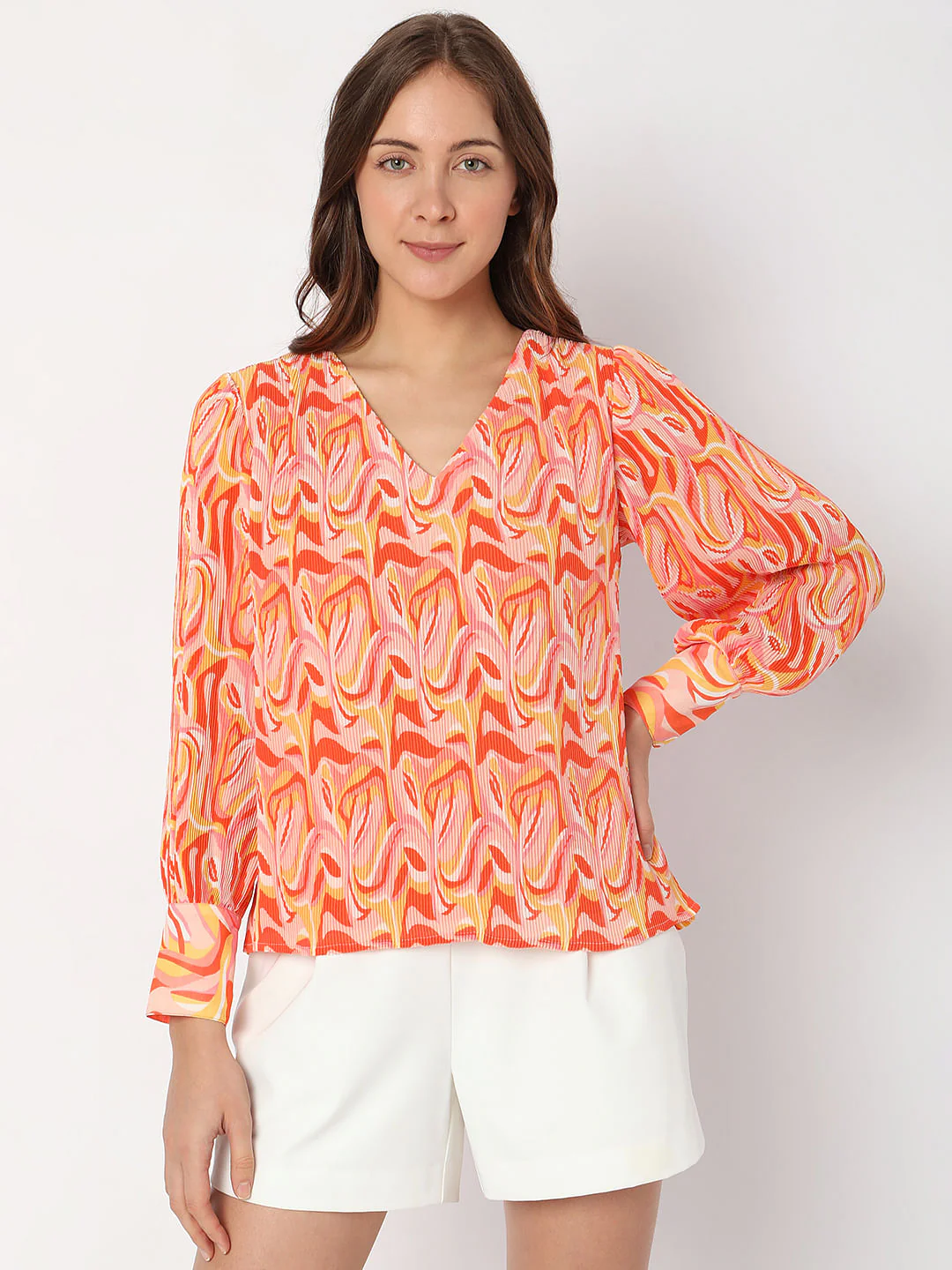 Orange Printed Pleated Top - Image 2