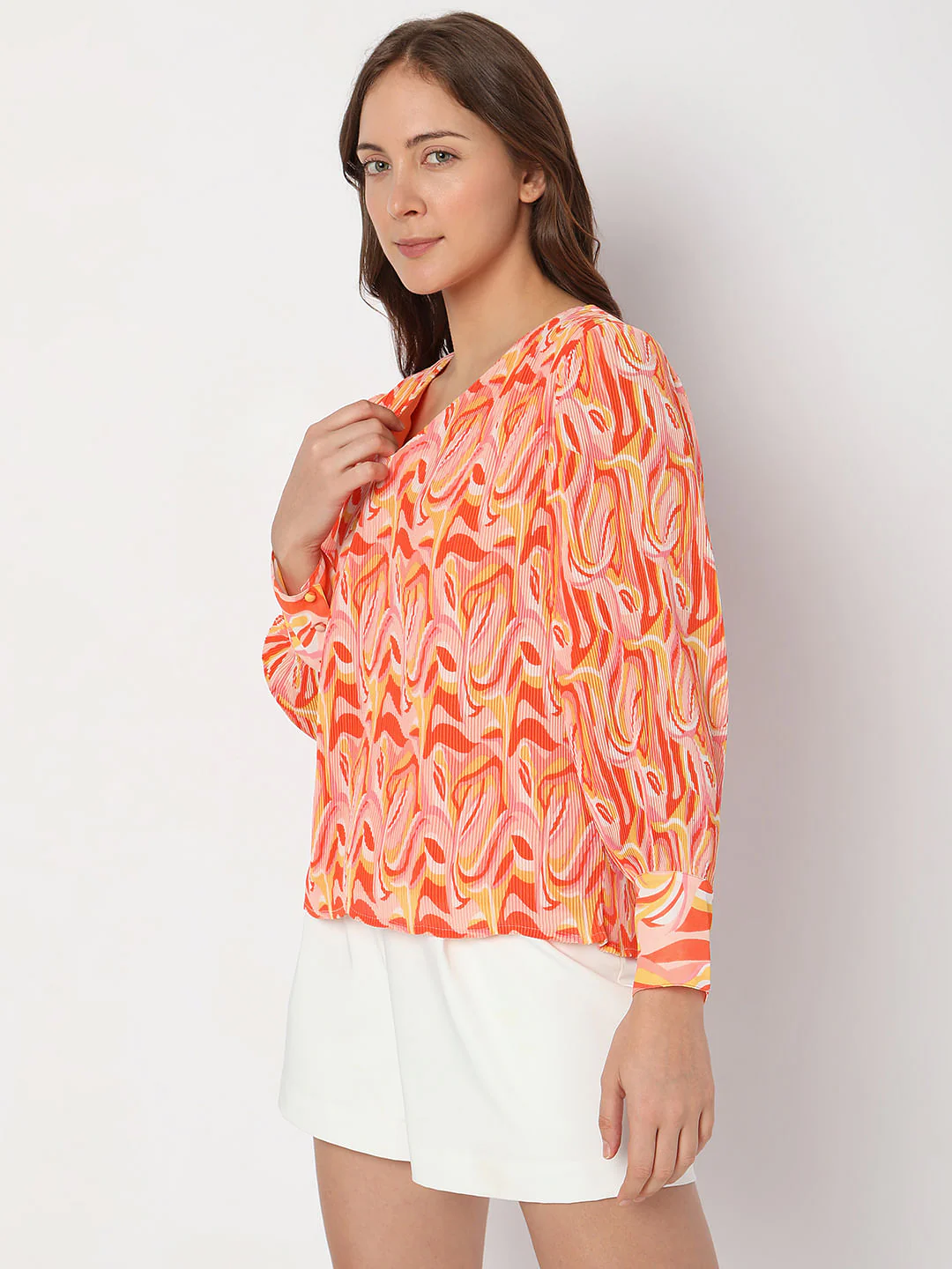 Orange Printed Pleated Top - Image 3