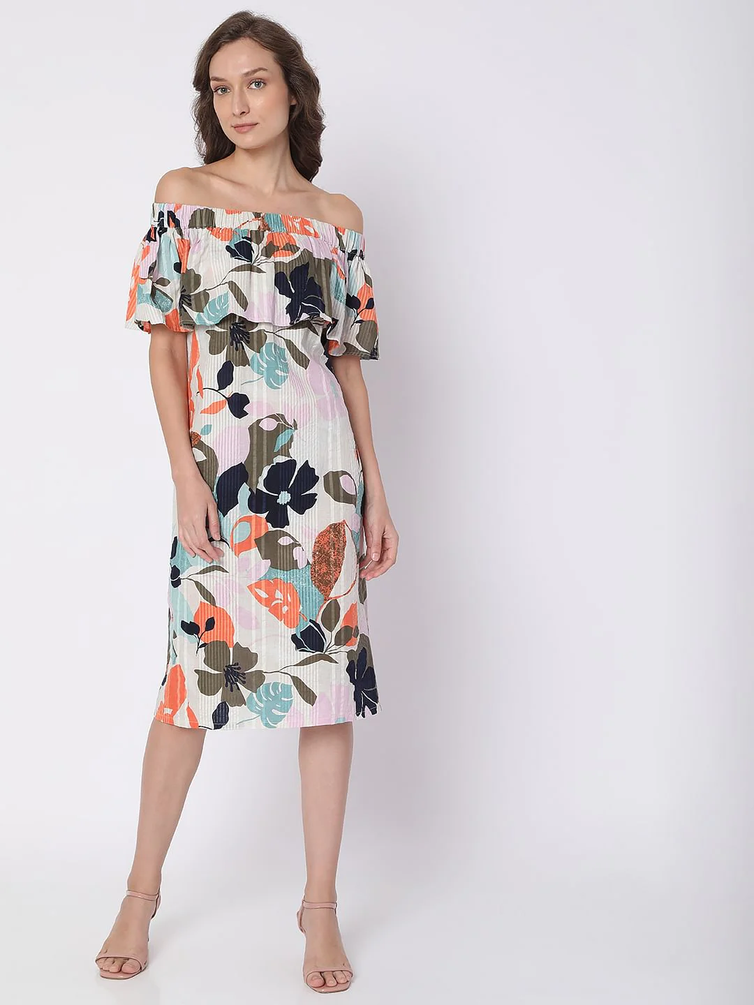 Beige Floral Off-Shoulder Midi Dress - Image 2