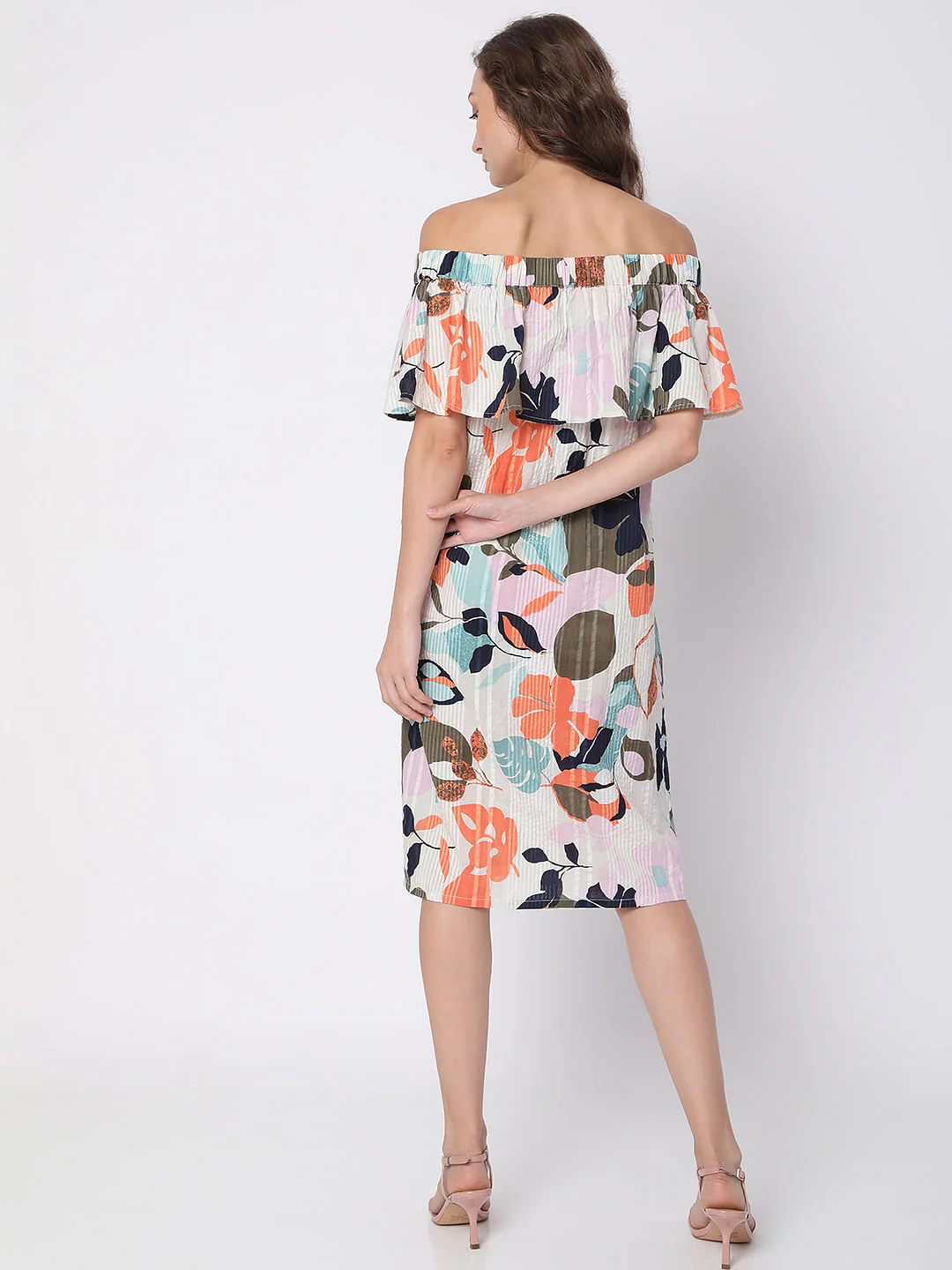 Beige Floral Off-Shoulder Midi Dress - Image 4